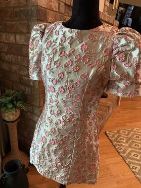 TCEC Metallic Gold Brocade Dress with Pink Floral Embroidery